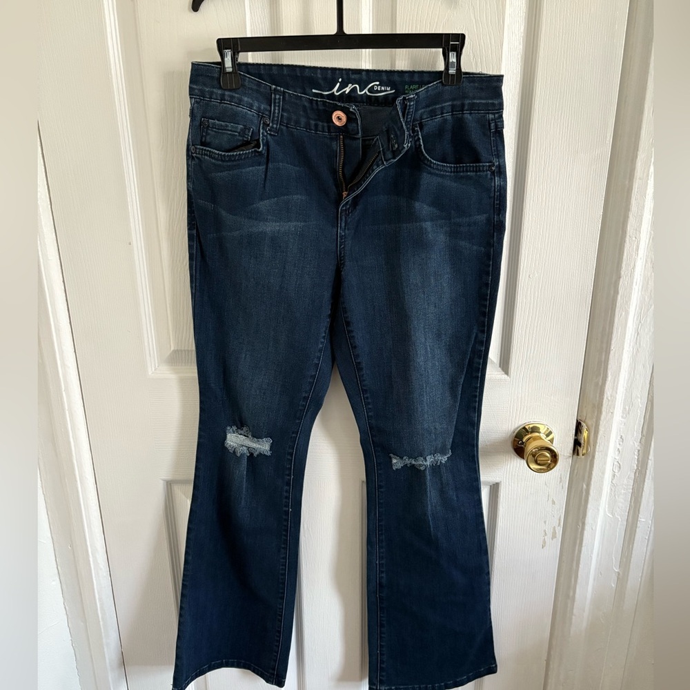 Blue Flare Wide Leg Jeans with Distressed Details